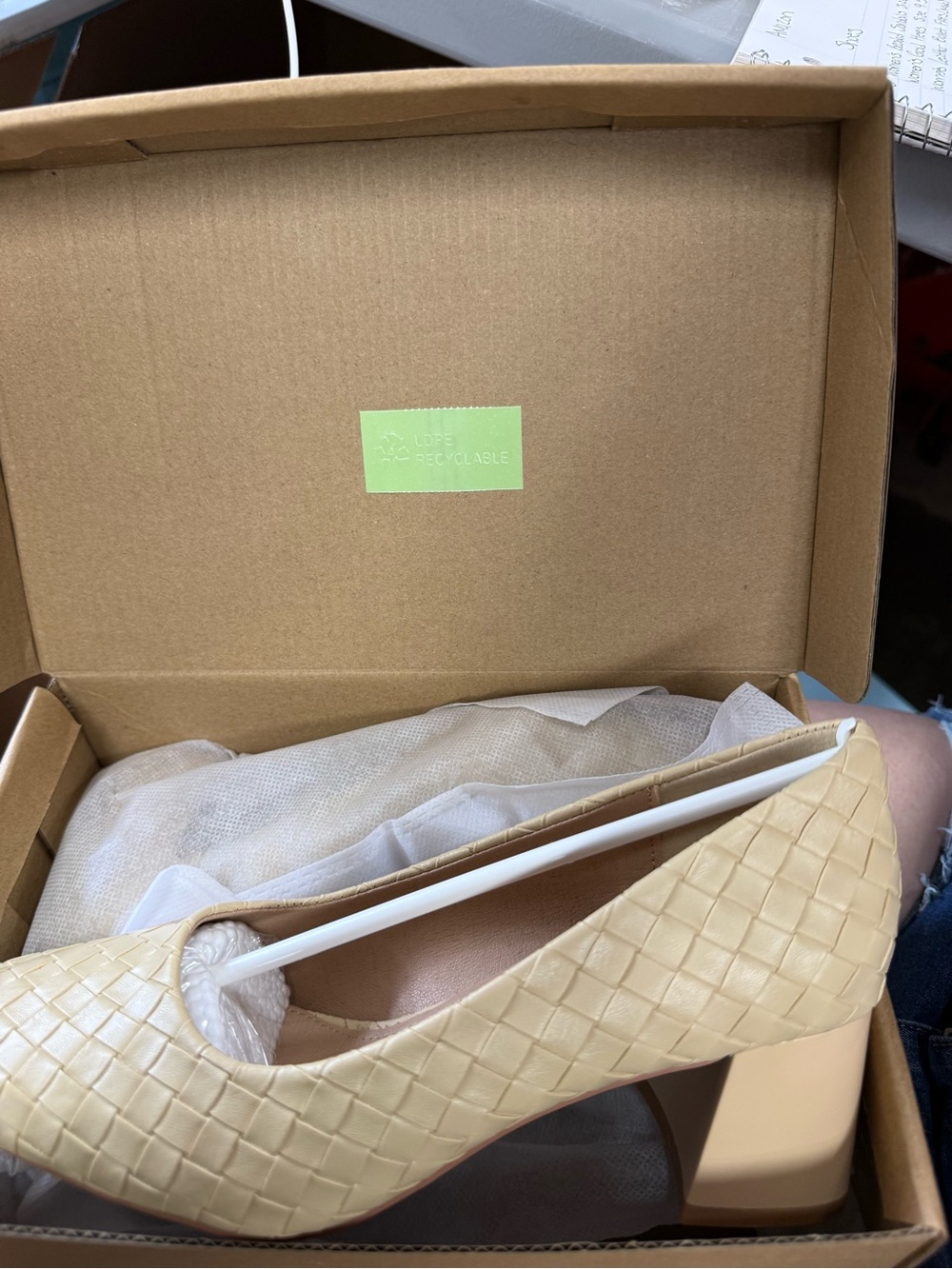 Woven Beige Block Heel Pump